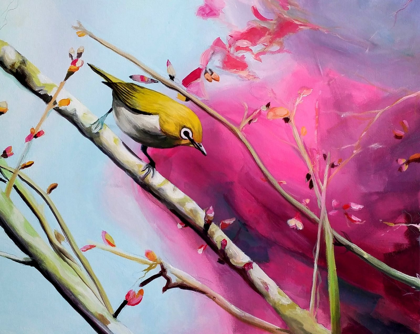 dipinto di un uccello giallo e bianco su un ramo, con uno sfondo sfumato rosa e celeste